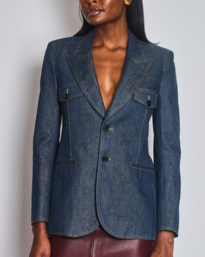 Saint Laurent Blue Denim Single Breasted Blazer with Brown Contrast Stitching Detail Size FR 36 (UK 8) RRP £1,935
