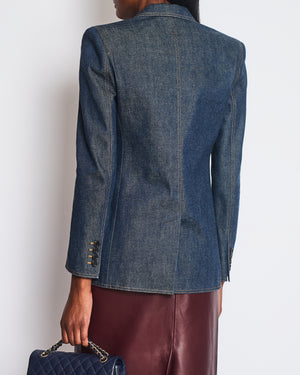 Saint Laurent Blue Denim Single Breasted Blazer with Brown Contrast Stitching Detail Size FR 36 (UK 8) RRP £1,935