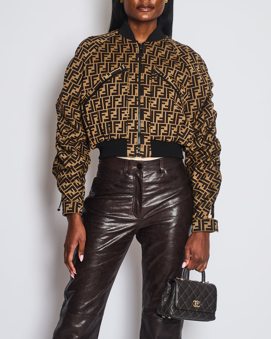 Fendi Brown FF Logo Cropped Jacket with Oblique Zips Detail Size IT 40 (UK 8)