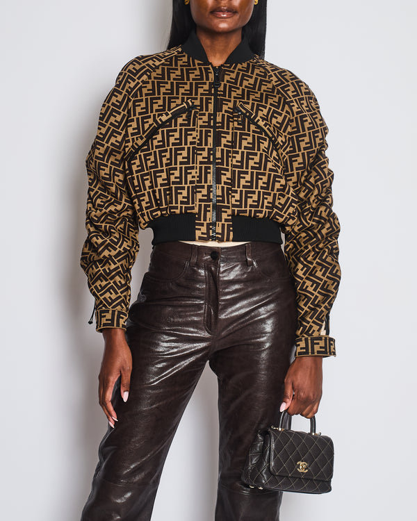 Fendi Brown FF Logo Cropped Jacket with Oblique Zips Detail Size IT 40 (UK 8)