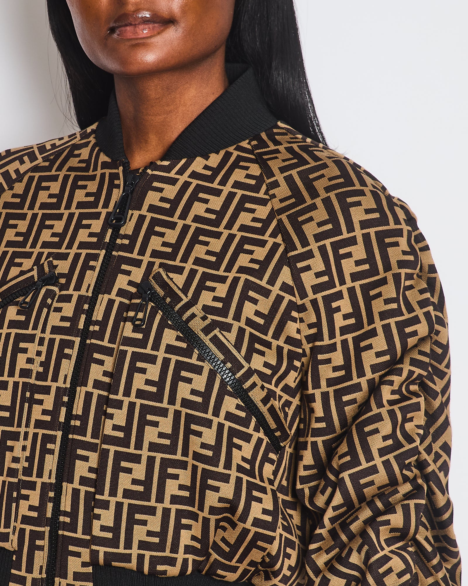 Fendi Brown FF Logo Cropped Jacket with Oblique Zips Detail Size