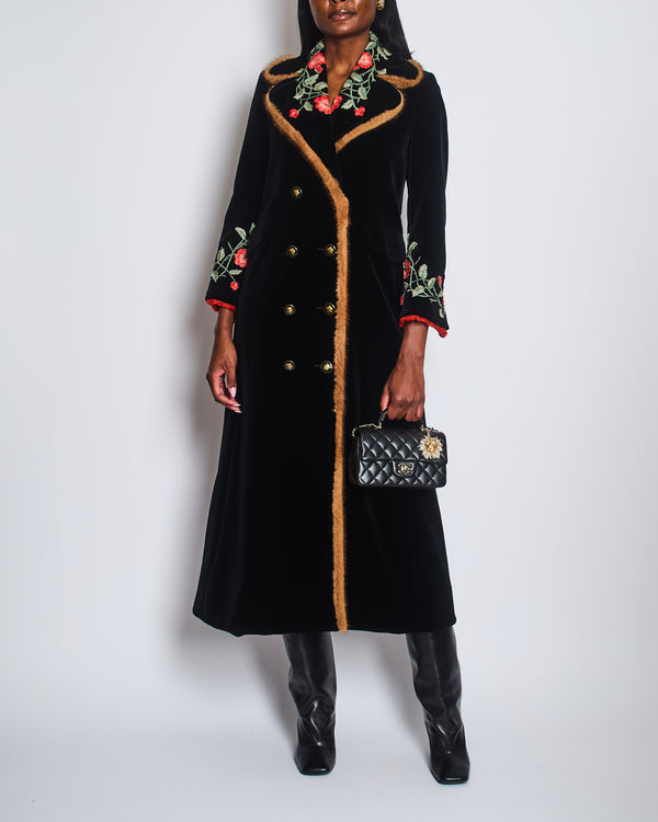 Gucci Black Velvet Long Coat with Red Embroidered Floral Detail, Fur Trim and Tiger Button Detail Size IT 40 (UK 8)