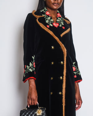 Gucci Black Velvet Long Coat with Red Embroidered Floral Detail, Fur Trim and Tiger Button Detail Size IT 40 (UK 8)