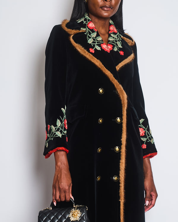 Gucci Black Velvet Long Coat with Red Embroidered Floral Detail, Fur Trim and Tiger Button Detail Size IT 40 (UK 8)