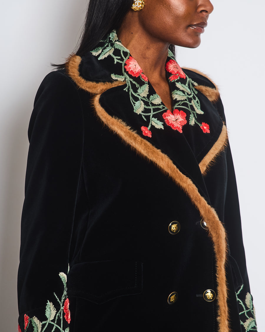 Gucci Black Velvet Long Coat with Red Embroidered Floral Detail, Fur Trim and Tiger Button Detail Size IT 40 (UK 8)