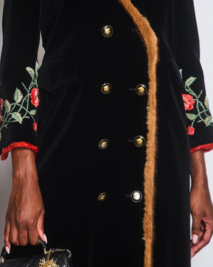Gucci Black Velvet Long Coat with Red Embroidered Floral Detail, Fur Trim and Tiger Button Detail Size IT 40 (UK 8)