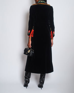 Gucci Black Velvet Long Coat with Red Embroidered Floral Detail, Fur Trim and Tiger Button Detail Size IT 40 (UK 8)