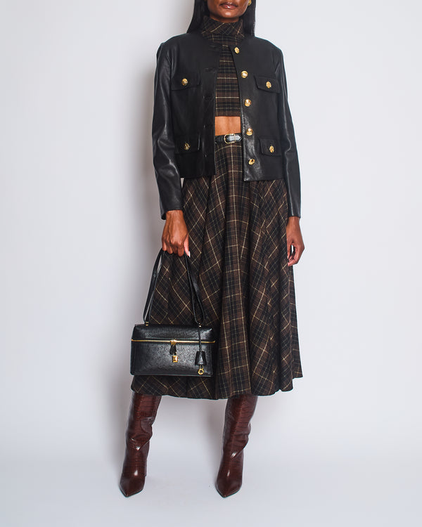 Celine 2021 Black Leather Chausser Jacket with Gold Logo Buttons Detail Size FR 36 (UK 8)