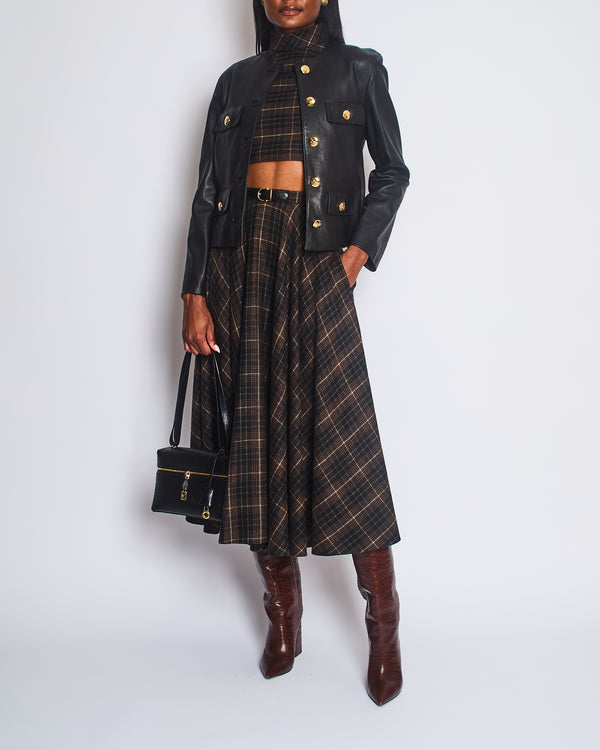 Celine 2021 Black Leather Chausser Jacket with Gold Logo Buttons Detail Size FR 36 (UK 8)