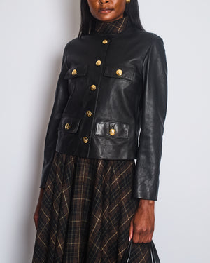 Celine 2021 Black Leather Chausser Jacket with Gold Logo Buttons Detail Size FR 36 (UK 8)