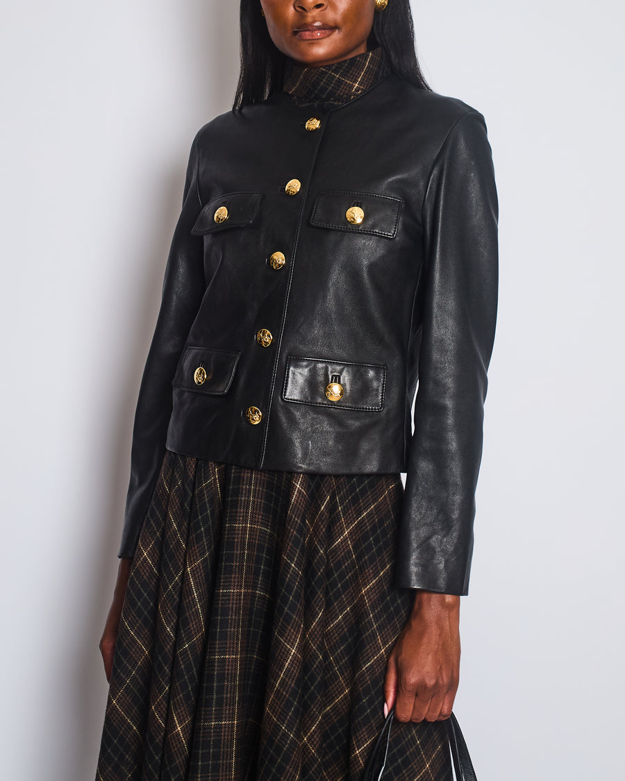 Celine 2021 Black Leather Chausser Jacket with Gold Logo Buttons Detail Size FR 36 (UK 8)