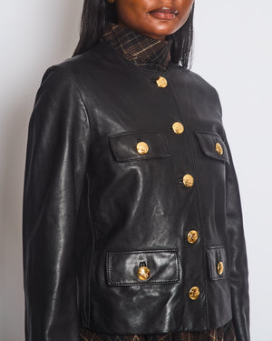 Celine 2021 Black Leather Chausser Jacket with Gold Logo Buttons Detail Size FR 36 (UK 8)