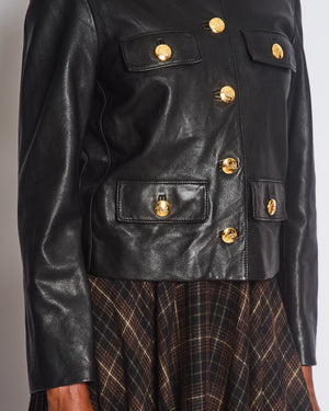 Celine 2021 Black Leather Chausser Jacket with Gold Logo Buttons Detail Size FR 36 (UK 8)