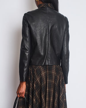 Celine 2021 Black Leather Chausser Jacket with Gold Logo Buttons Detail Size FR 36 (UK 8)