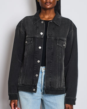 Balenciaga Black Distressed Oversized Denim Jacket with Crystal Logo Detail Size FR 34 (UK 6)