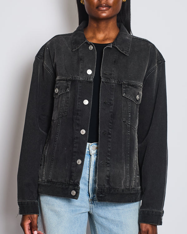 Balenciaga Black Distressed Oversized Denim Jacket with Crystal Logo Detail Size FR 34 (UK 6)