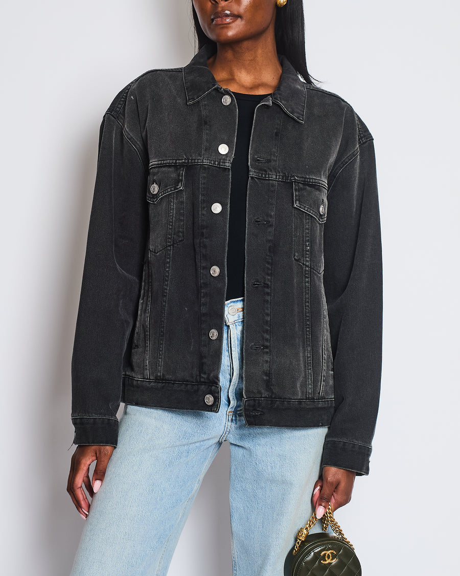 Balenciaga Black Distressed Oversized Denim Jacket with Crystal Logo Detail Size FR 34 (UK 6)