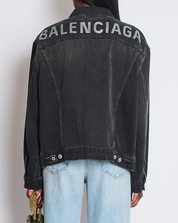 Balenciaga Black Distressed Oversized Denim Jacket with Crystal Logo Detail Size FR 34 (UK 6)