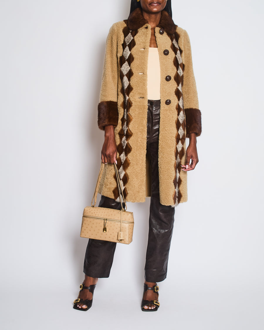 Prada Beige Shearling Long Coat with Brown Diamond Mink Fur Detail & Fur Collar Size IT 38 (UK 6)