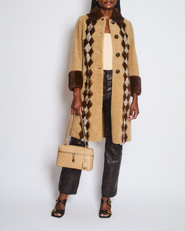 Prada Beige Shearling Long Coat with Brown Diamond Mink Fur Detail & Fur Collar Size IT 38 (UK 6)