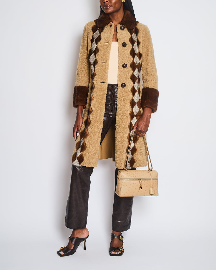 Prada Beige Shearling Long Coat with Brown Diamond Mink Fur Detail & Fur Collar Size IT 38 (UK 6)