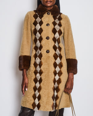 Prada Beige Shearling Long Coat with Brown Diamond Mink Fur Detail & Fur Collar Size IT 38 (UK 6)