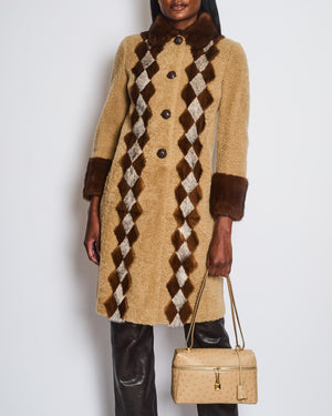 Prada Beige Shearling Long Coat with Brown Diamond Mink Fur Detail & Fur Collar Size IT 38 (UK 6)