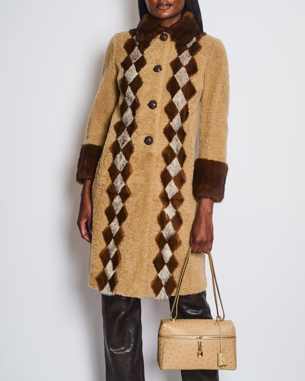 Prada Beige Shearling Long Coat with Brown Diamond Mink Fur Detail & Fur Collar Size IT 38 (UK 6)