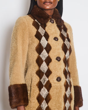 Prada Beige Shearling Long Coat with Brown Diamond Mink Fur Detail & Fur Collar Size IT 38 (UK 6)