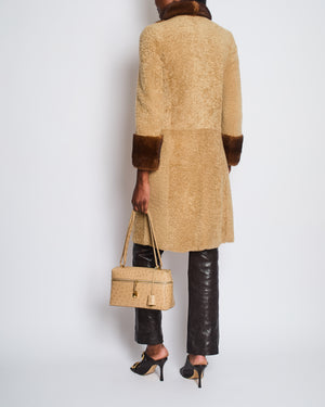 Prada Beige Shearling Long Coat with Brown Diamond Mink Fur Detail & Fur Collar Size IT 38 (UK 6)