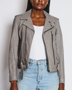 Saint Laurent Light Grey Leather Jacket with Zip and Belt Detail Size FR 40 (UK 12)