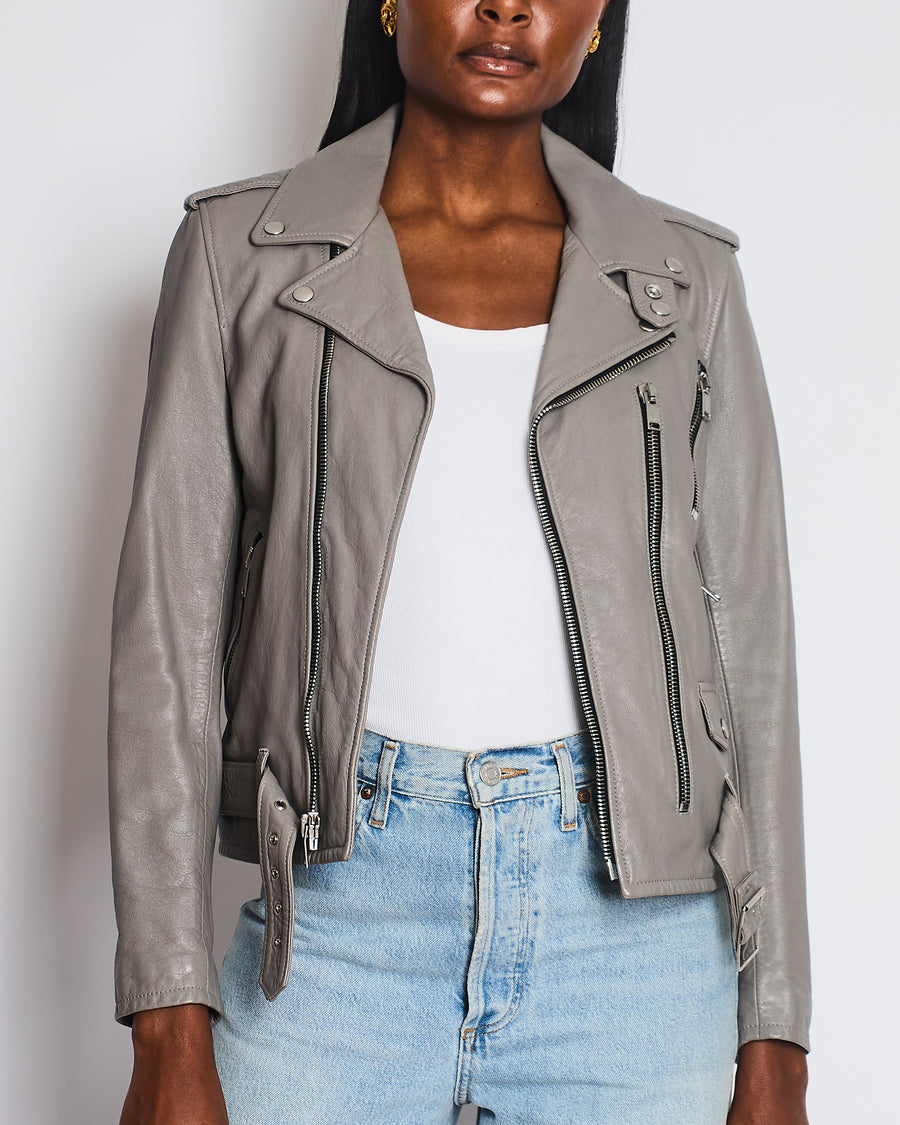 Saint Laurent Light Grey Leather Jacket with Zip and Belt Detail Size FR 40 (UK 12)