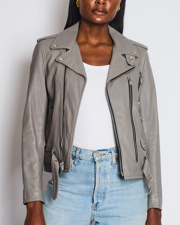 Saint Laurent Light Grey Leather Jacket with Zip and Belt Detail Size FR 40 (UK 12)