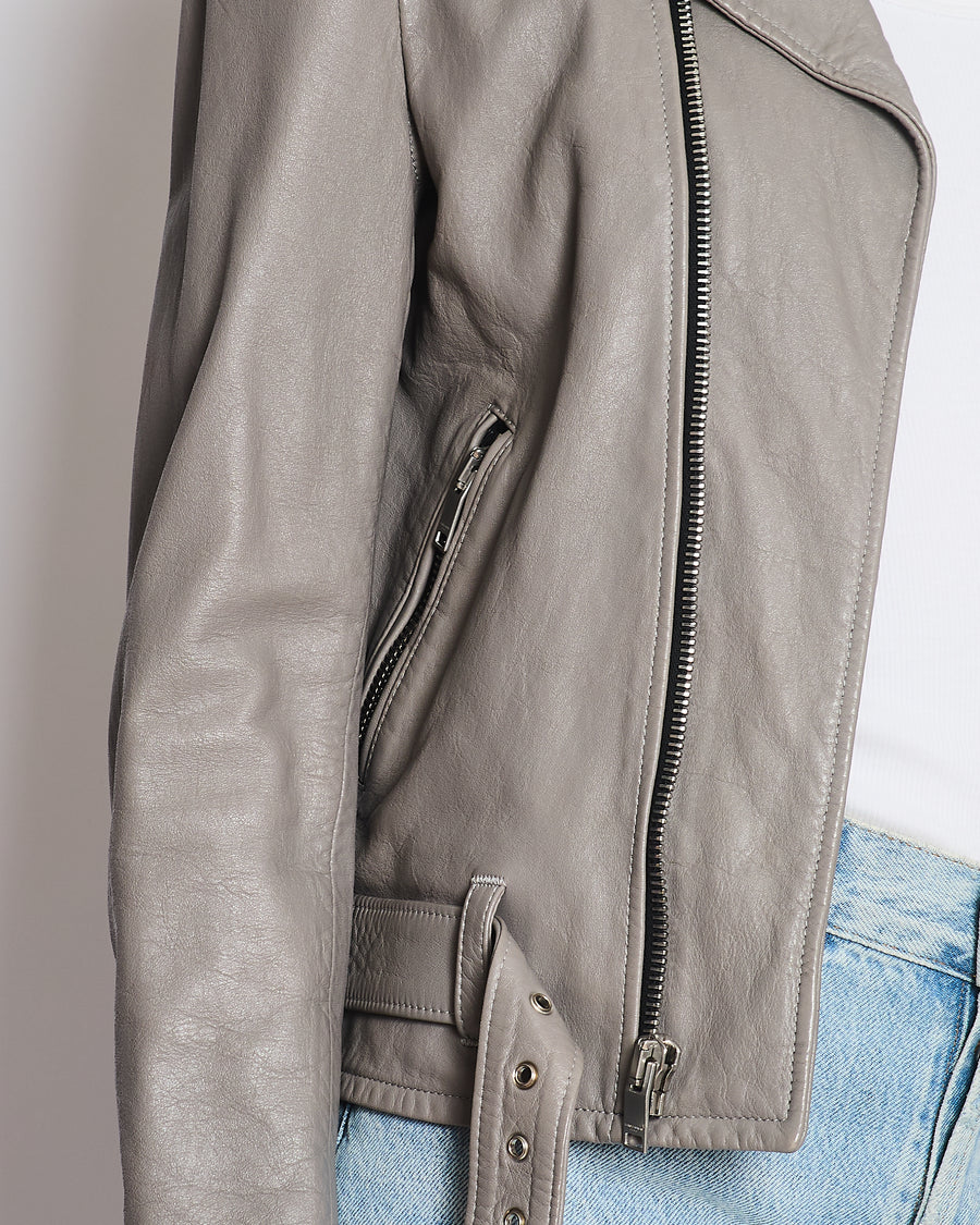 Saint Laurent Light Grey Leather Jacket with Zip and Belt Detail Size FR 40 (UK 12)