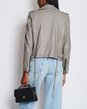 Saint Laurent Light Grey Leather Jacket with Zip and Belt Detail Size FR 40 (UK 12)