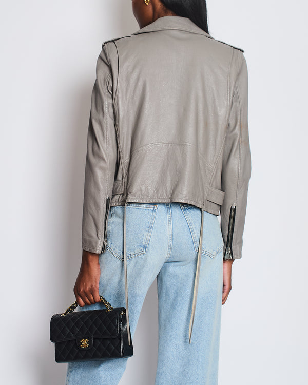 Saint Laurent Light Grey Leather Jacket with Zip and Belt Detail Size FR 40 (UK 12)