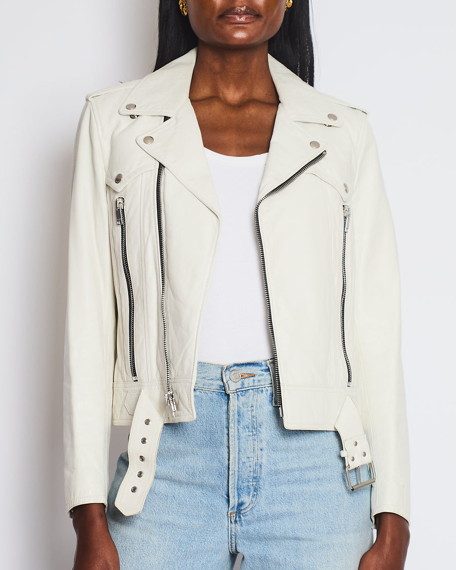 Saint Laurent Off-White Leather Jacket with Zip and Belt Detail Size FR 40 (UK 12)