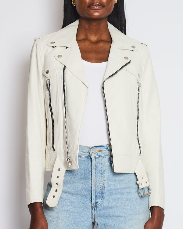 Saint Laurent Off-White Leather Jacket with Zip and Belt Detail Size FR 40 (UK 12)