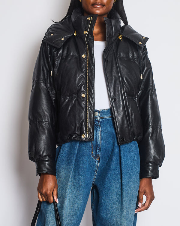 Celine Black Lambskin Leather Hooded Puffer Coat with Gold Zip and Button Detail Size FR 36 (UK 8)