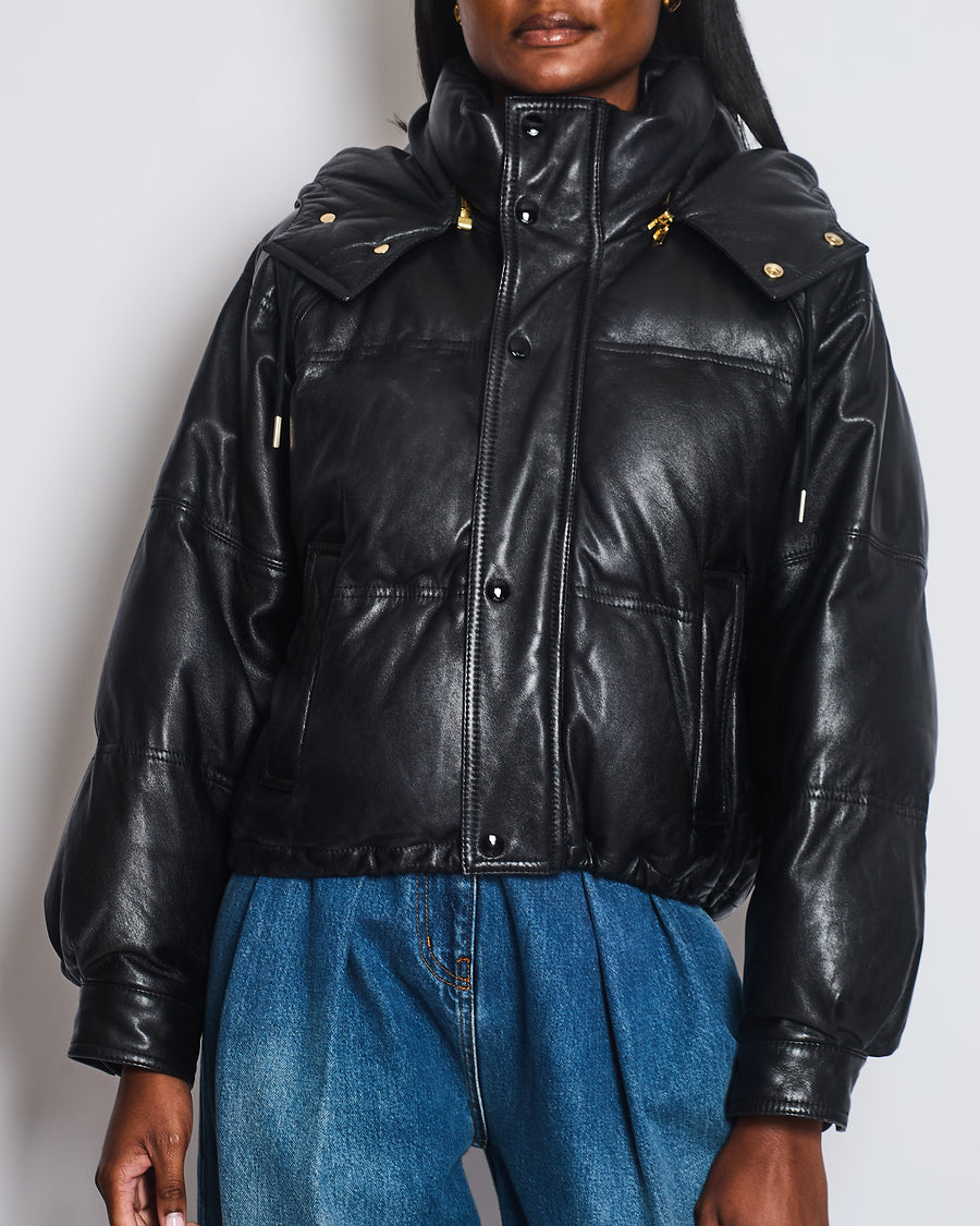 Celine Black Lambskin Leather Hooded Puffer Coat with Gold Zip and Button Detail Size FR 36 (UK 8)