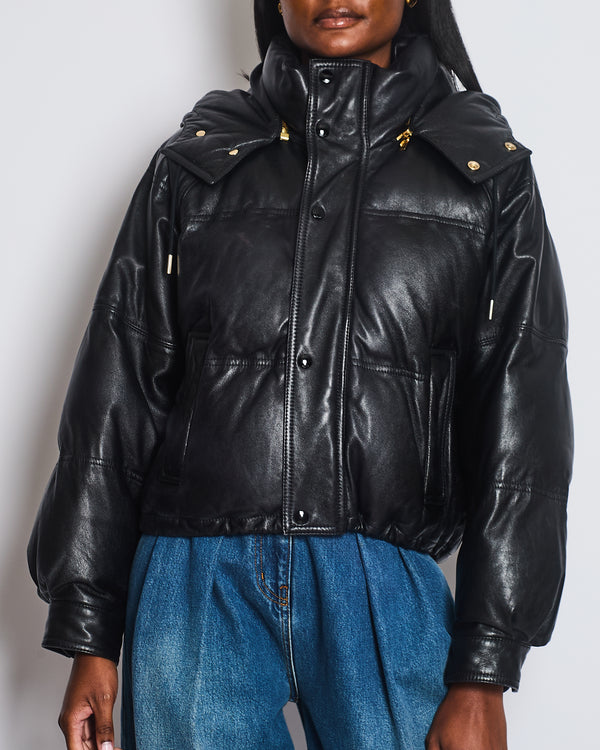 Celine Black Lambskin Leather Hooded Puffer Coat with Gold Zip and Button Detail Size FR 36 (UK 8)