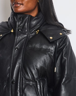 Celine Black Lambskin Leather Hooded Puffer Coat with Gold Zip and Button Detail Size FR 36 (UK 8)