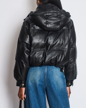 Celine Black Lambskin Leather Hooded Puffer Coat with Gold Zip and Button Detail Size FR 36 (UK 8)