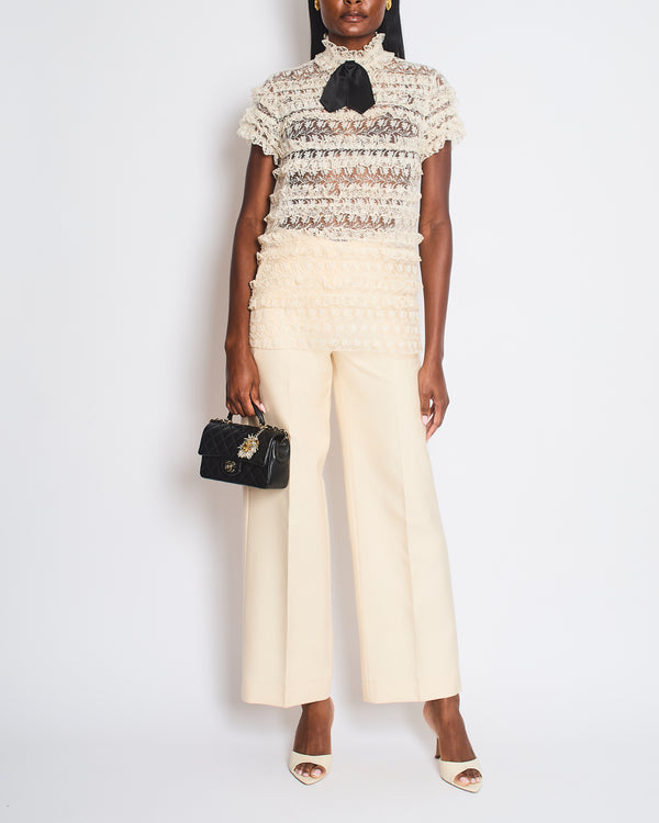 Saint Laurent Cream Ruffled Sheer Lace Shirt with Black Bow Size UK 8