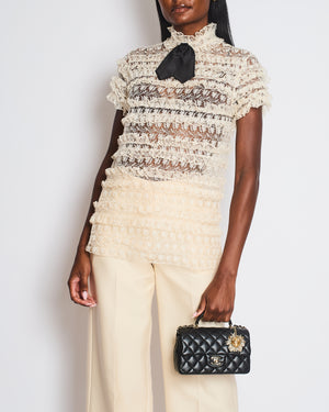 Saint Laurent Cream Ruffled Sheer Lace Shirt with Black Bow Size UK 8