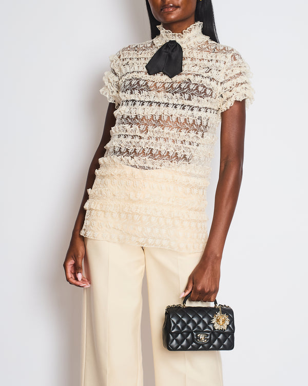 Saint Laurent Cream Ruffled Sheer Lace Shirt with Black Bow Size UK 8