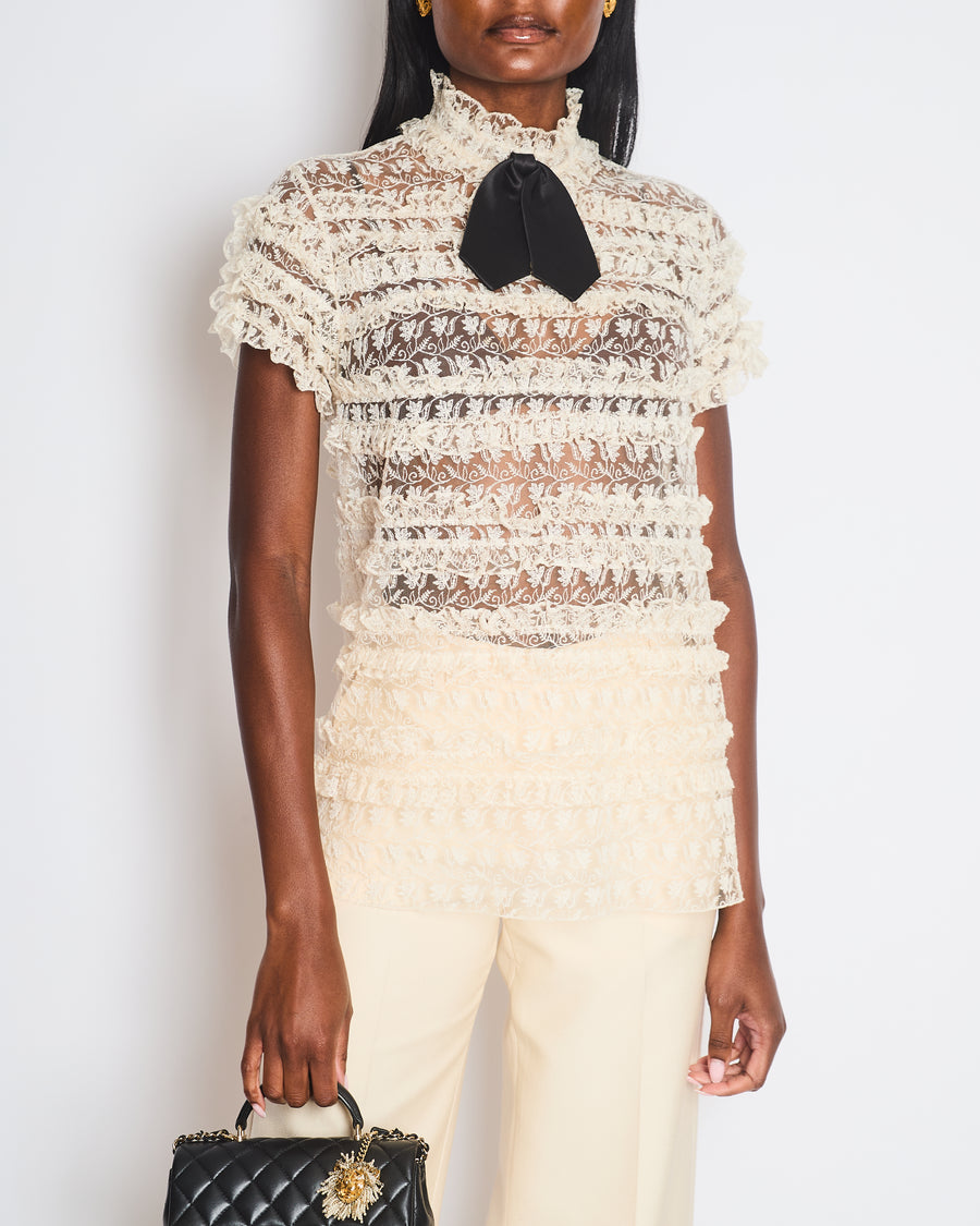Saint Laurent Cream Ruffled Sheer Lace Shirt with Black Bow Size UK 8