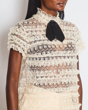 Saint Laurent Cream Ruffled Sheer Lace Shirt with Black Bow Size UK 8