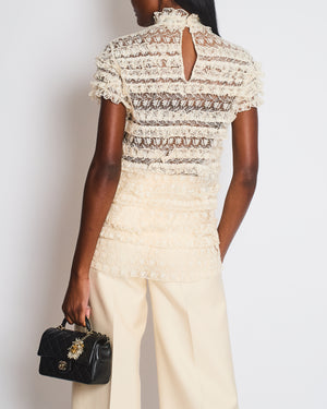 Saint Laurent Cream Ruffled Sheer Lace Shirt with Black Bow Size UK 8