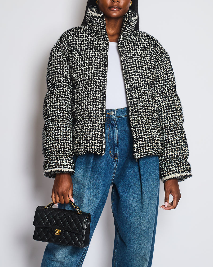 Chanel 20/N Black and White Tweed Coco Neige Puffer Jacket Size FR
